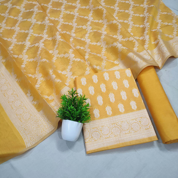 Yellow Resham Zari Cotton Silk Banarasi Suit