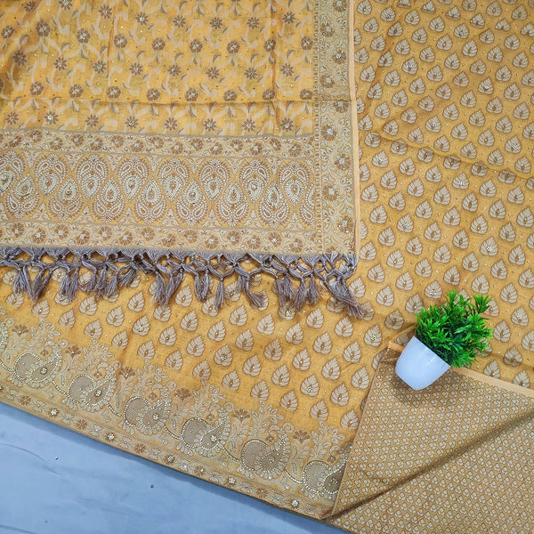 Yellow Stone Work Cotton Silk Banarasi Suit