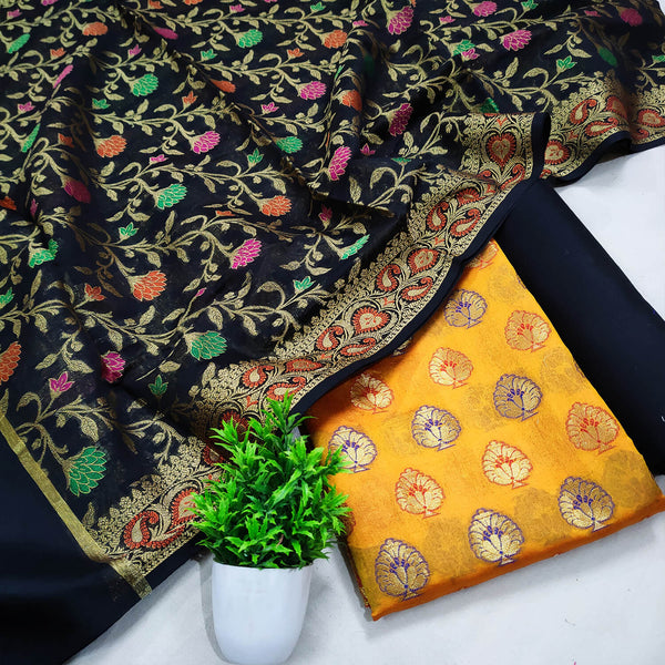 Yellow and Black Contrass Banarasi Silk Suit