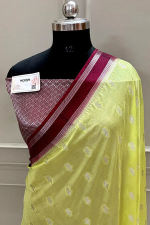 Yellow and Maroon Georgette Silk Banarasi Saree
