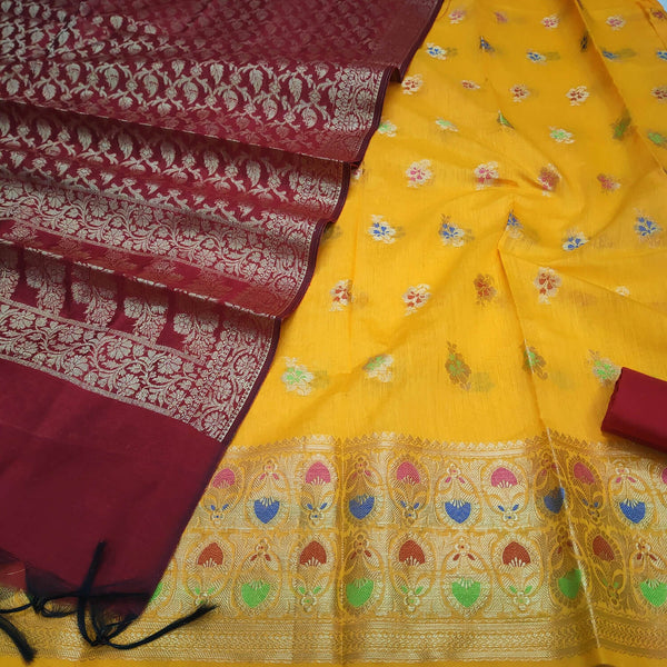 Yellow and Maroon Meenakari Banarasi Silk Suit