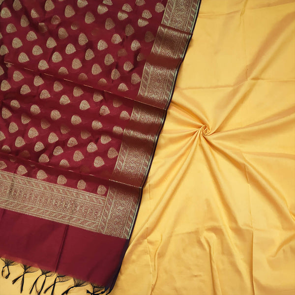 Yellow and Maroon Plain Banarasi Silk Suit