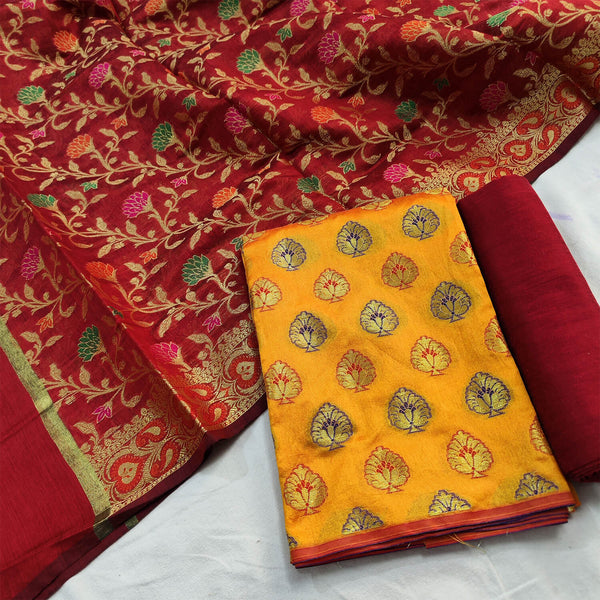 Yellow and Red Contrass Banarasi Silk Suit