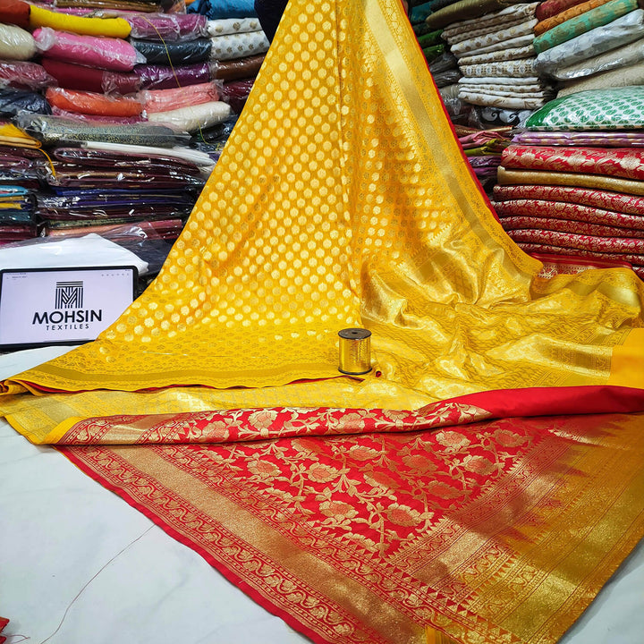 Yellow and Red Handloom Crepe Banarasi Saree