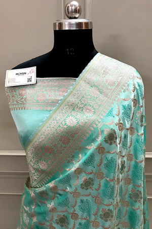 Aqua Mint Zari Katan Silk Banarasi Saree