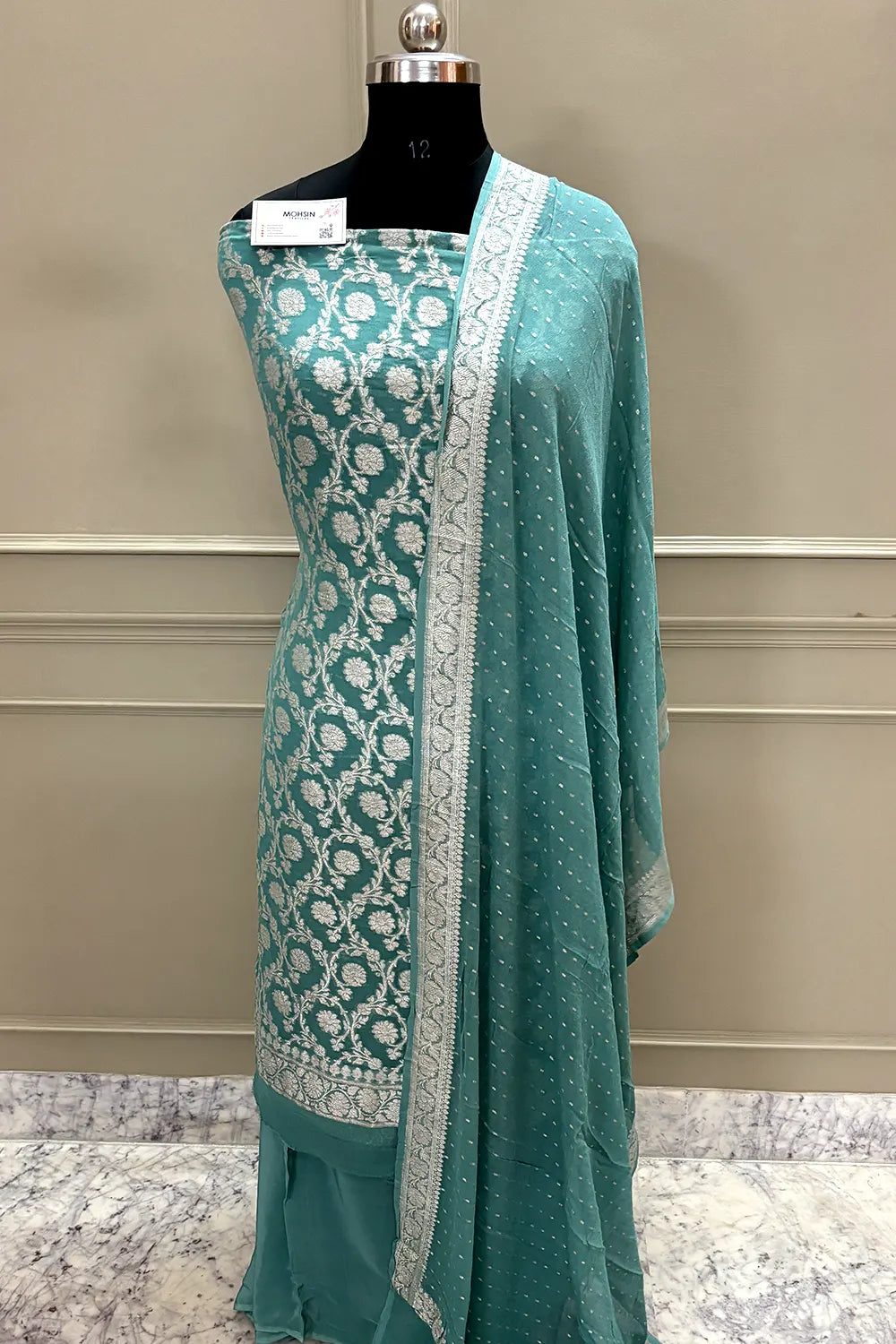 Aqua Mint Zari Pure Georgette Silk Banarasi Suit