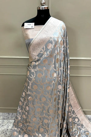 Ash Grey Laabela Jaal Katan Silk Banarasi Saree