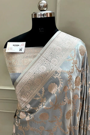 Ash Grey Laabela Jaal Katan Silk Banarasi Saree