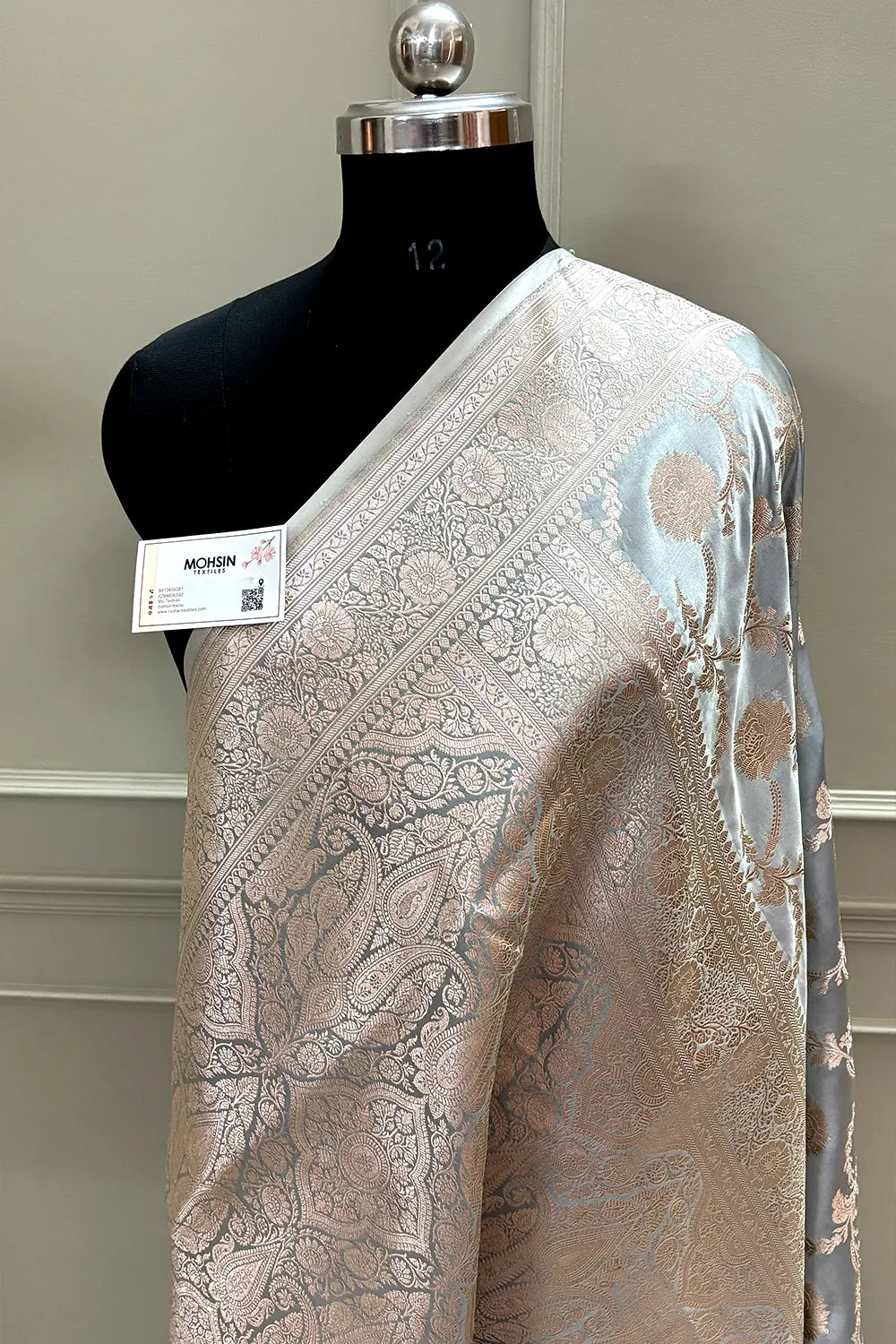 Ash Grey Laabela Jaal Katan Silk Banarasi Saree