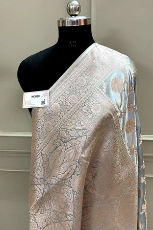 Ash Grey Laabela Jaal Katan Silk Banarasi Saree