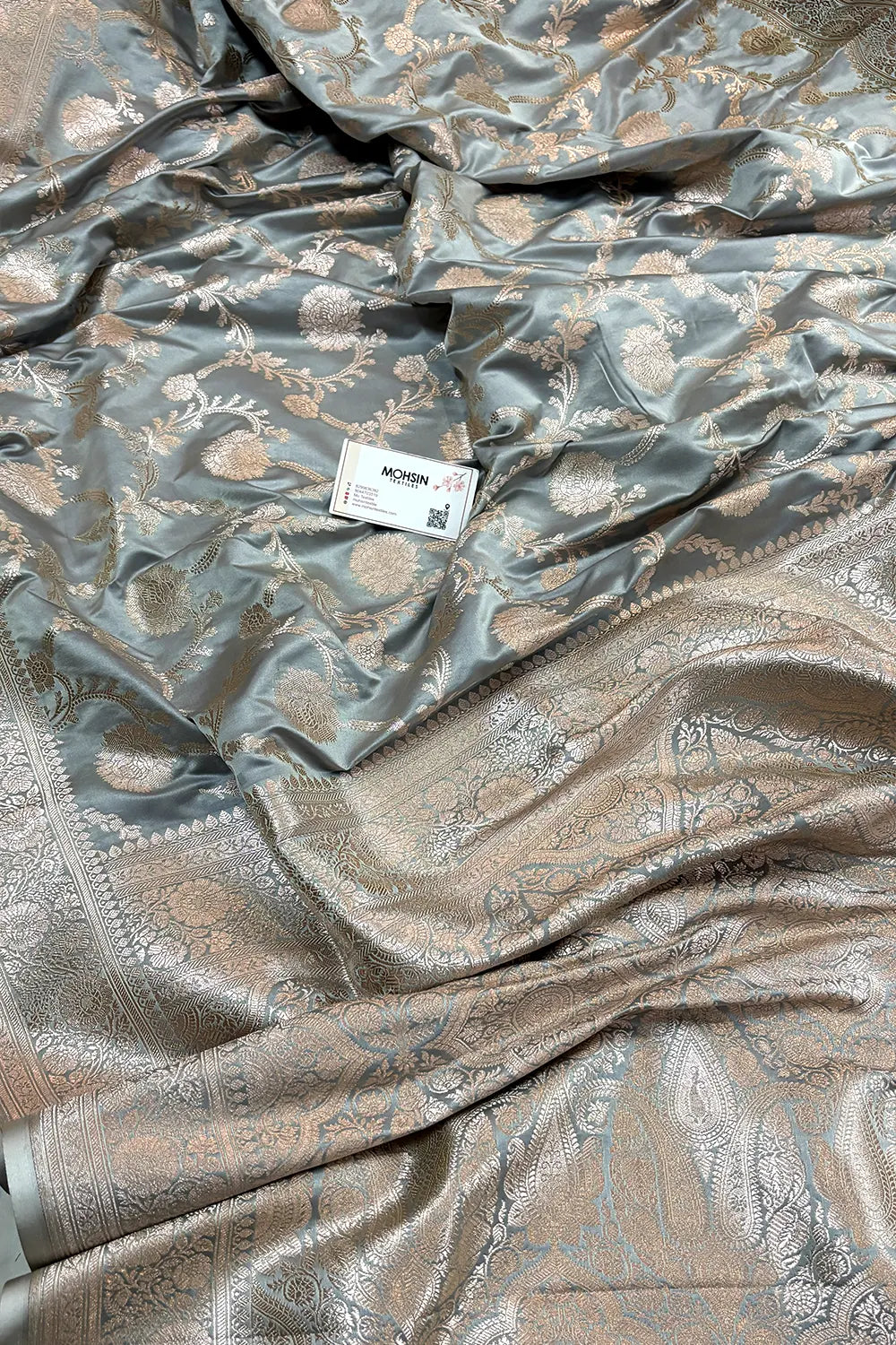 Ash Grey Laabela Jaal Katan Silk Banarasi Saree