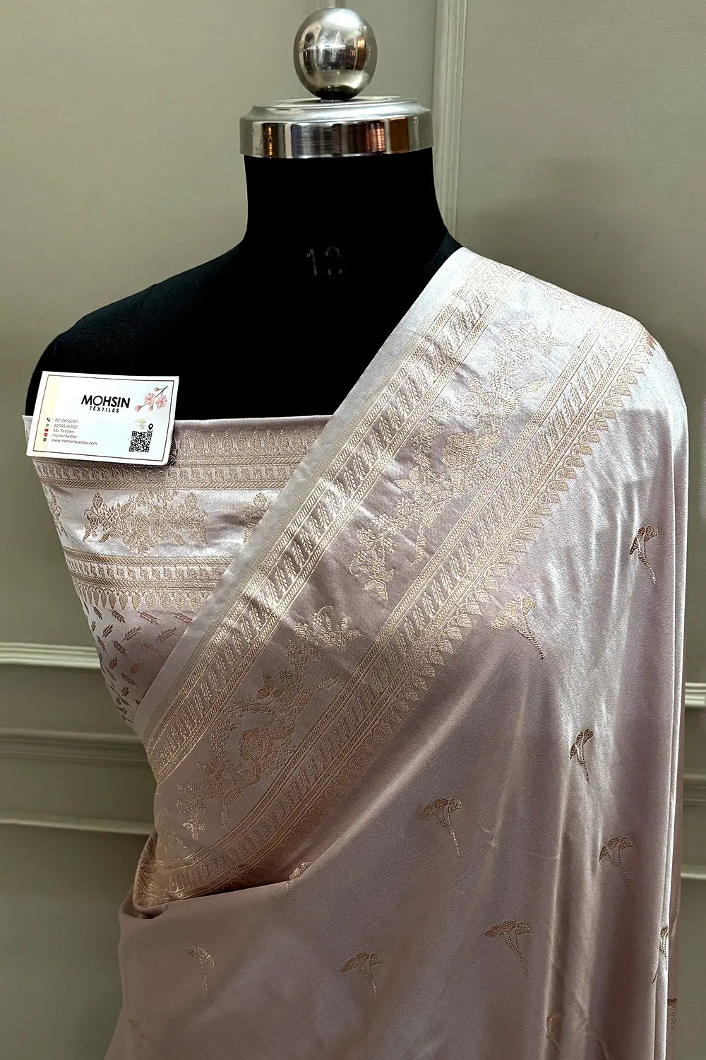 Ash Pink Zari Katan Mashru Silk Banarasi Saree