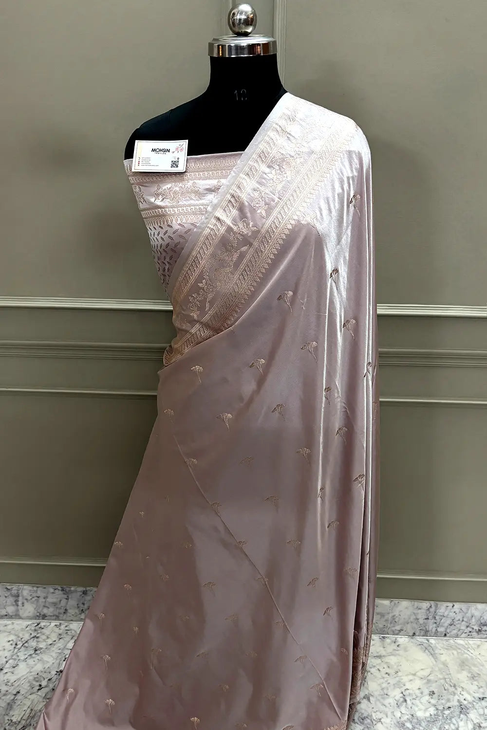 Ash Pink Zari Katan Mashru Silk Banarasi Saree