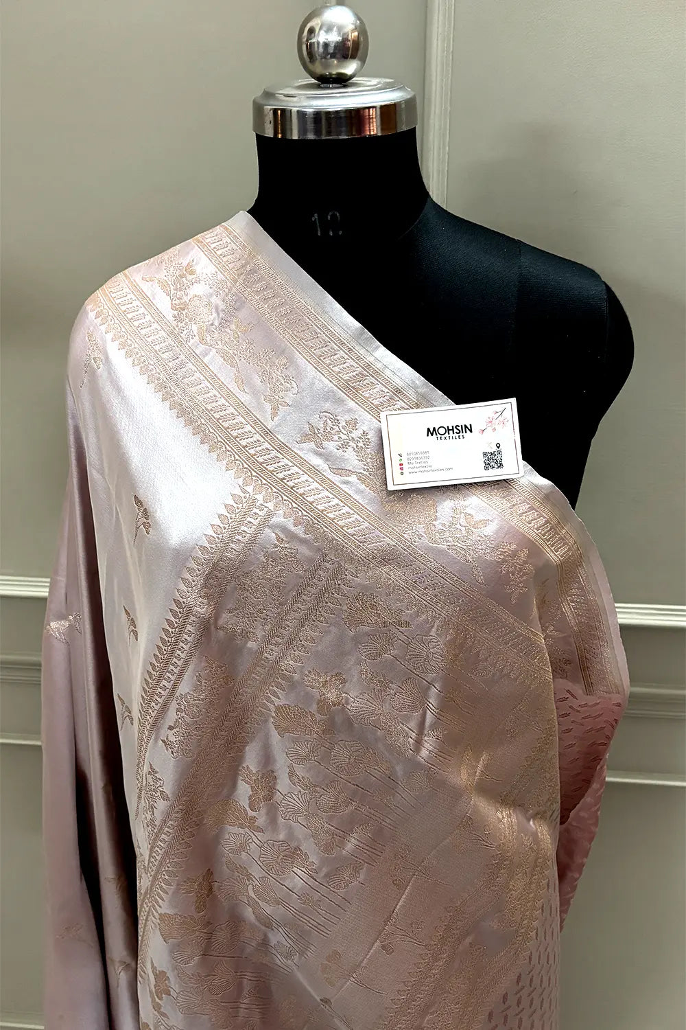 Ash Pink Zari Katan Mashru Silk Banarasi Saree