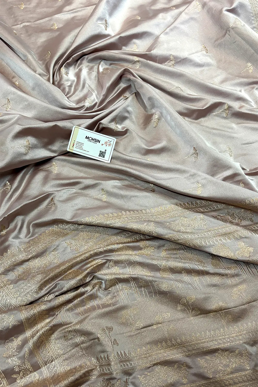 Ash Pink Zari Katan Mashru Silk Banarasi Saree