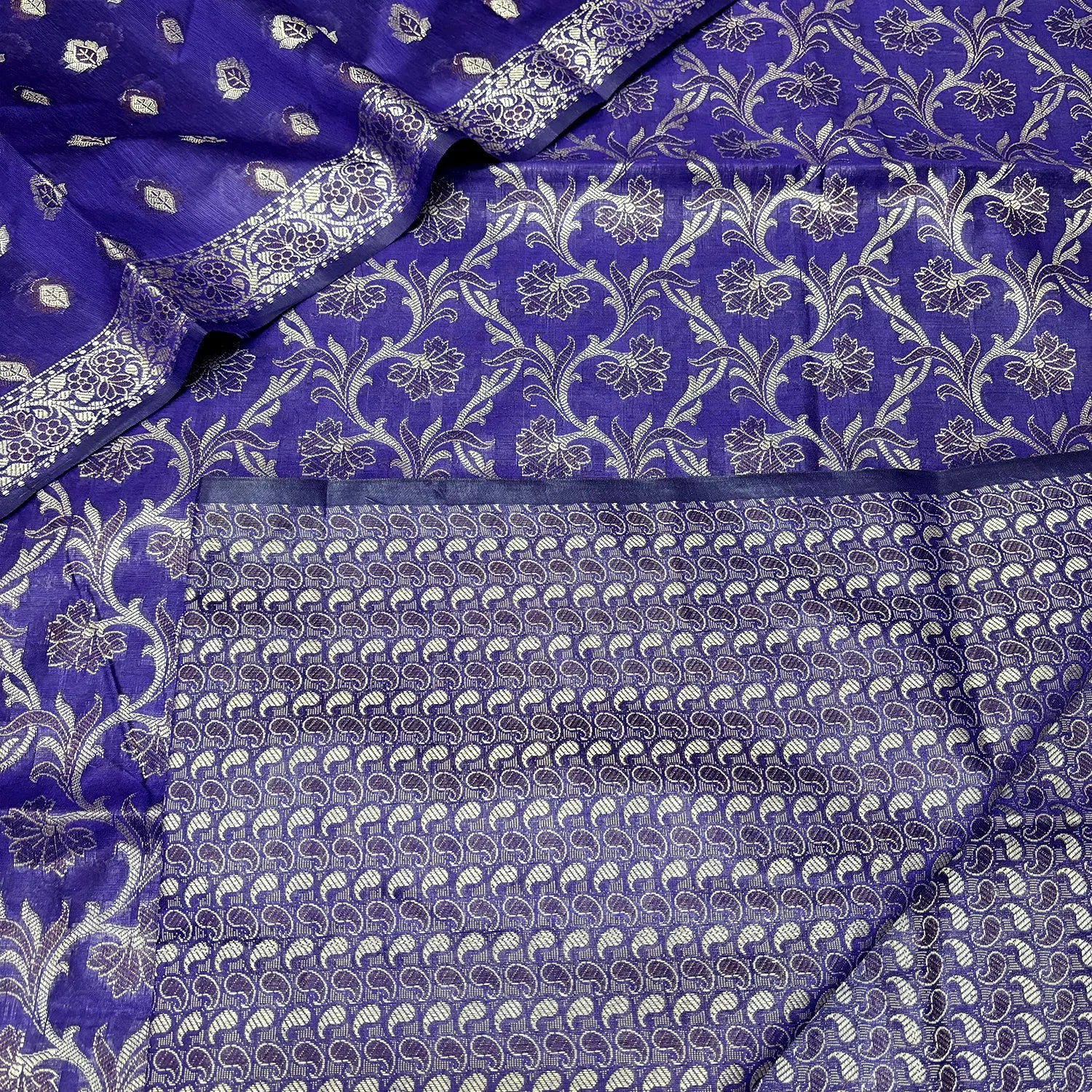 Auda and Gold Zari Border Cotton Silk Banarasi Suit