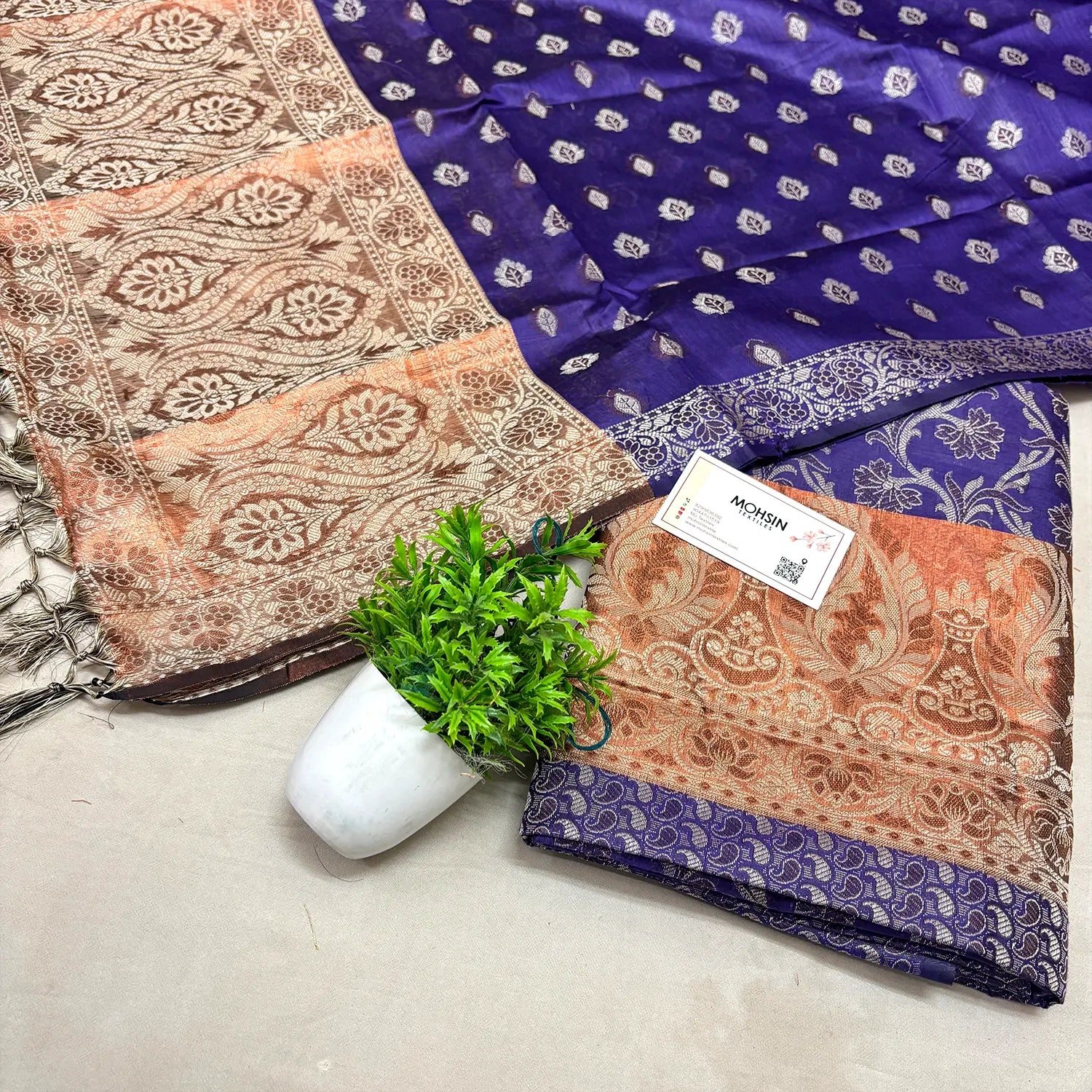 Auda and Gold Zari Border Cotton Silk Banarasi Suit