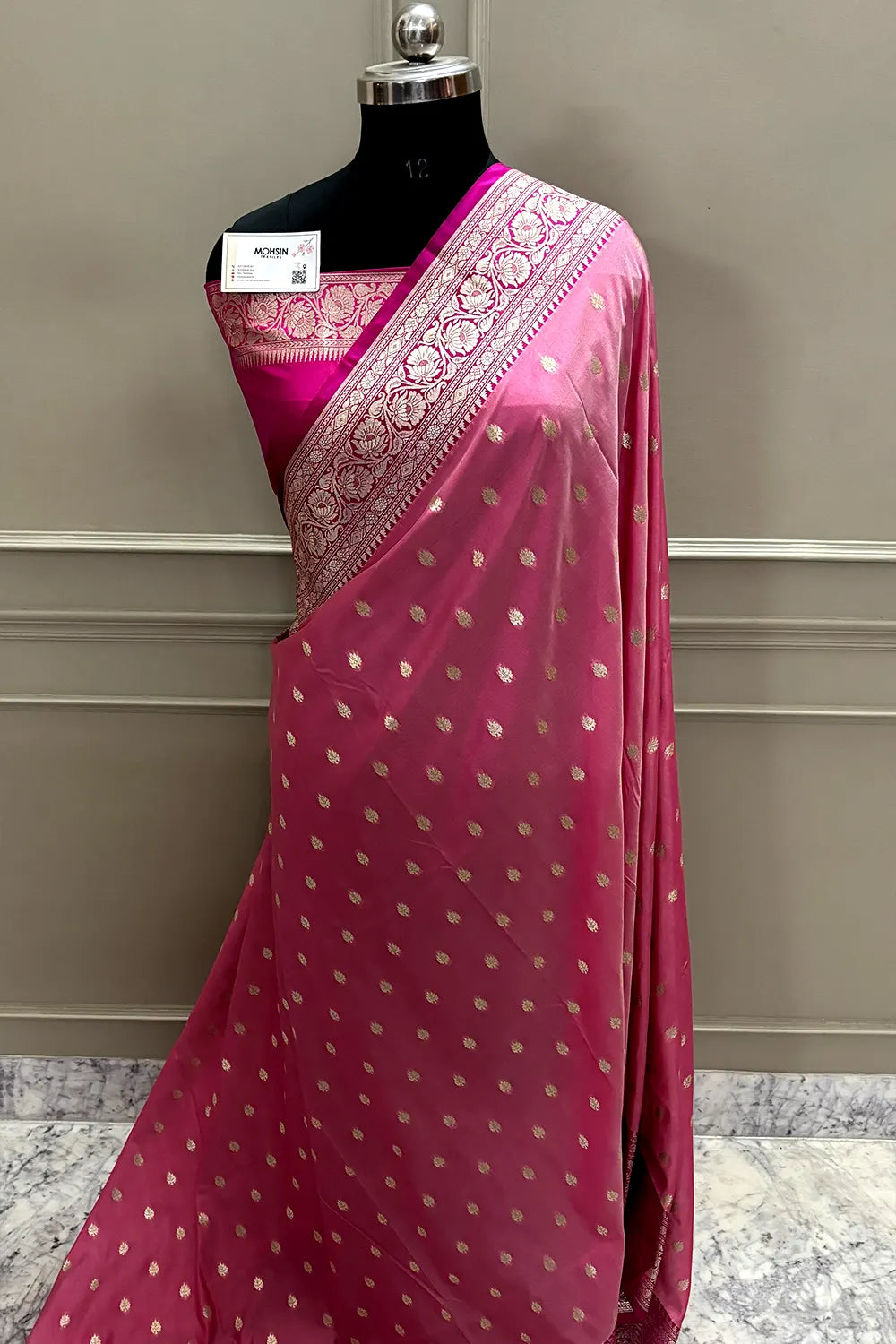 Baby Pink and Pink Rudraksha Buti Katan Silk Banarasi Saree