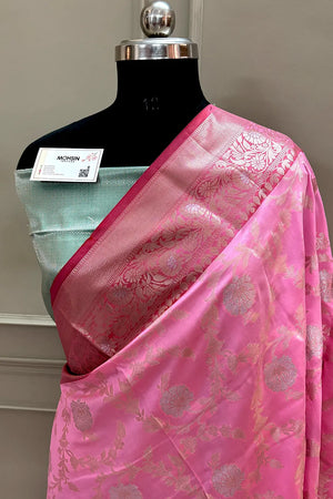 Baby Pink and Sea Green Zari Banarasi Silk Saree