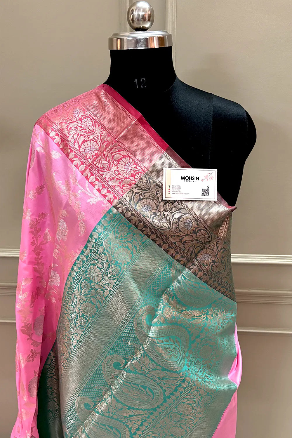 Baby Pink and Sea Green Zari Banarasi Silk Saree