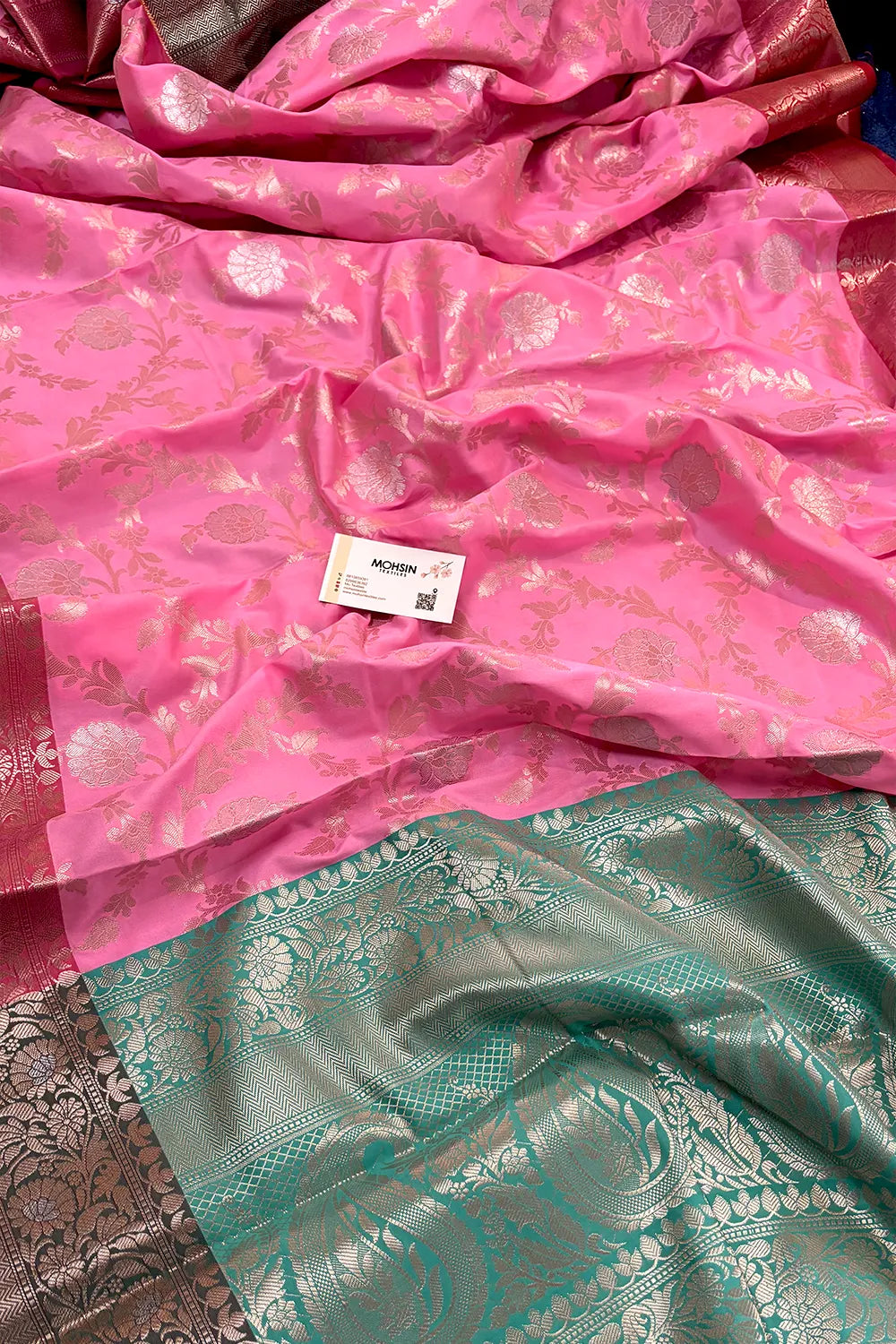 Baby Pink and Sea Green Zari Banarasi Silk Saree