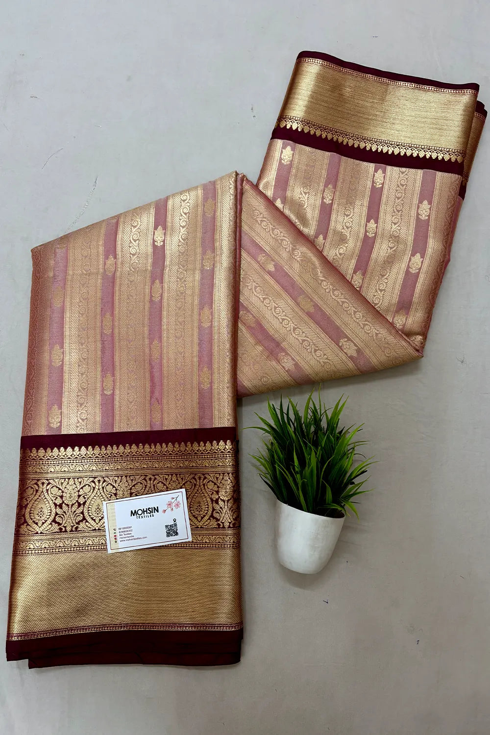 Baby Pink and Wine Tissue Silk Banarasi Saree
