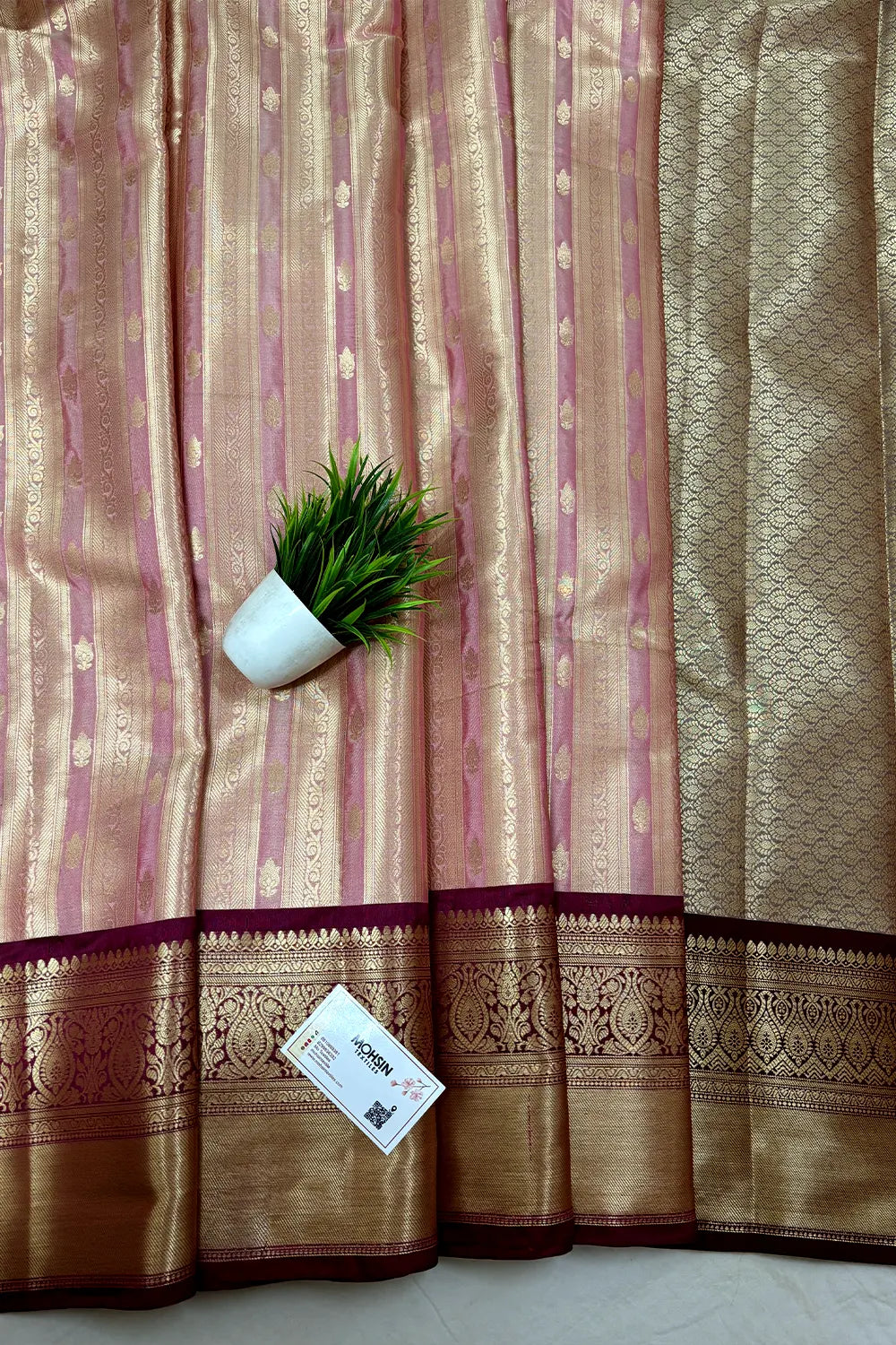 Baby Pink and Wine Tissue Silk Banarasi Saree