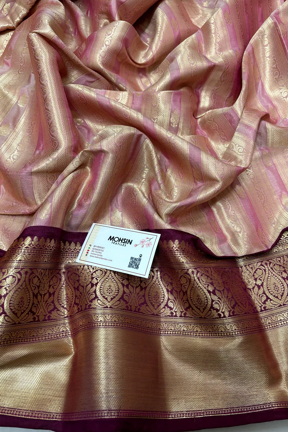 Baby Pink and Wine Tissue Silk Banarasi Saree