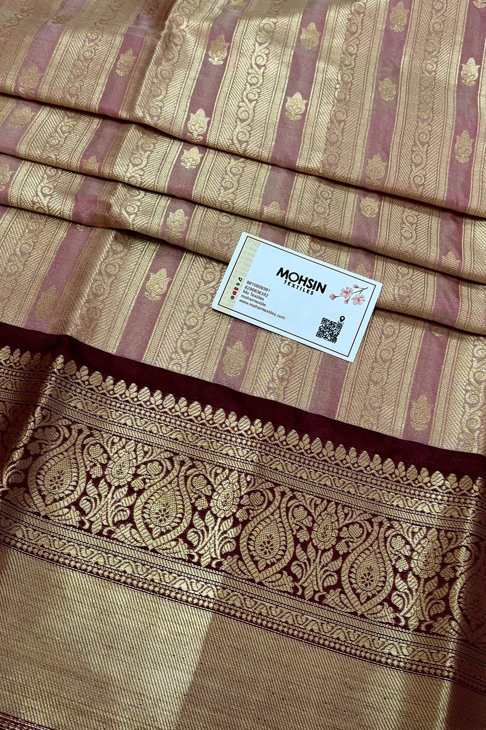 Baby Pink and Wine Tissue Silk Banarasi Saree