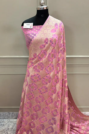 Baby Pink Bandhej Georgette Silk Banarasi Saree