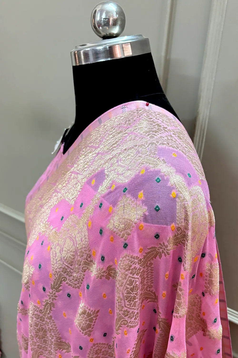 Baby Pink Bandhej Georgette Silk Banarasi Saree