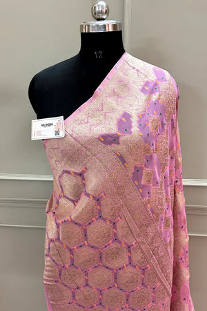 Baby Pink Bandhej Georgette Silk Banarasi Saree