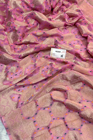 Baby Pink Bandhej Georgette Silk Banarasi Saree