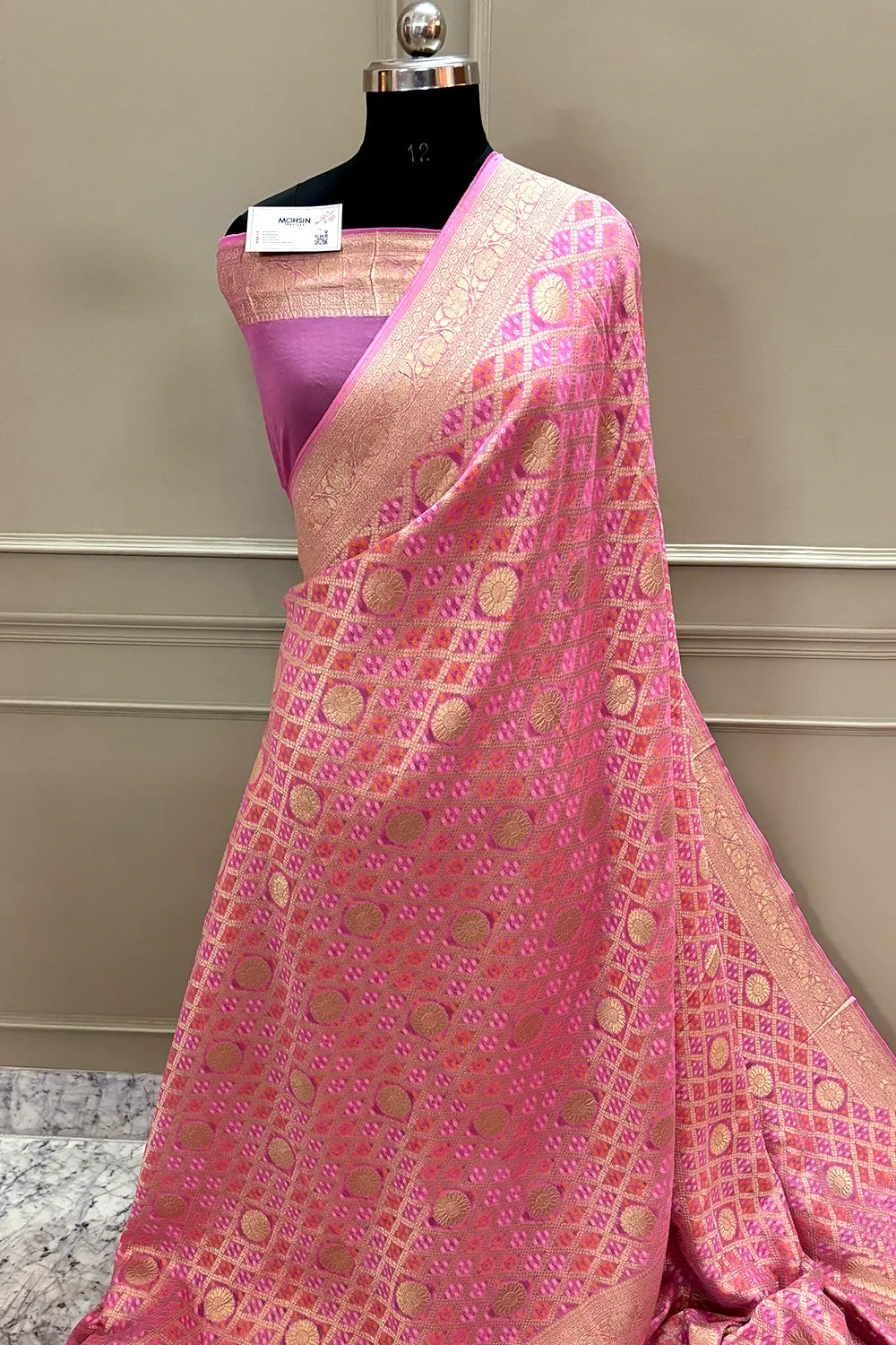 Baby Pink Bandhej Georgette Silk Banarasi Saree