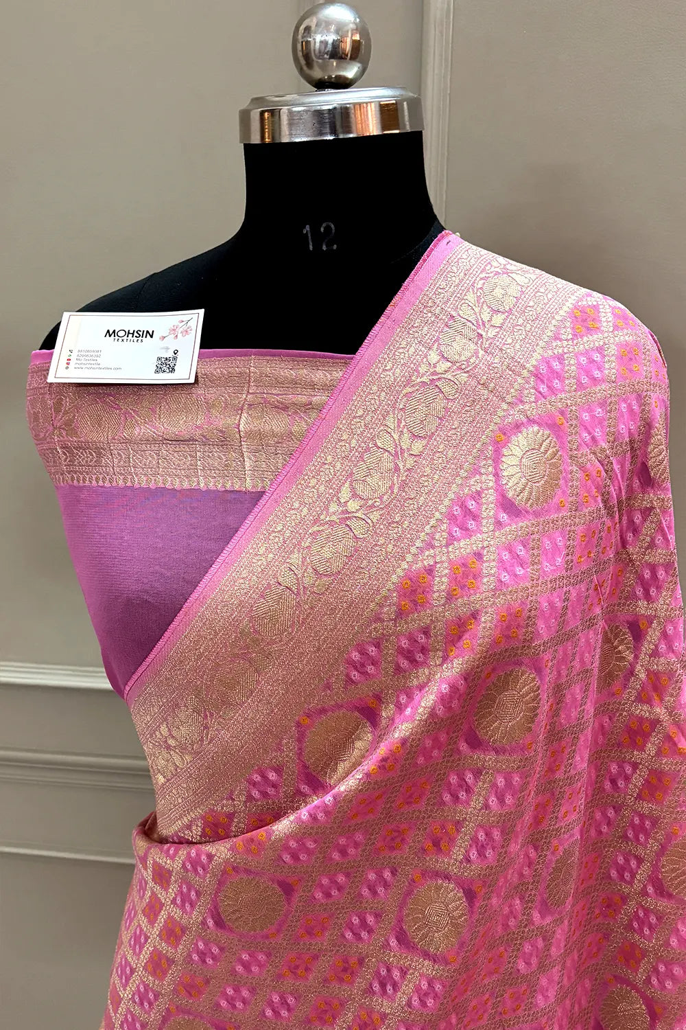 Baby Pink Bandhej Georgette Silk Banarasi Saree