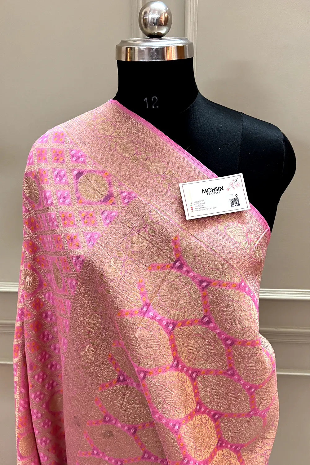 Baby Pink Bandhej Georgette Silk Banarasi Saree