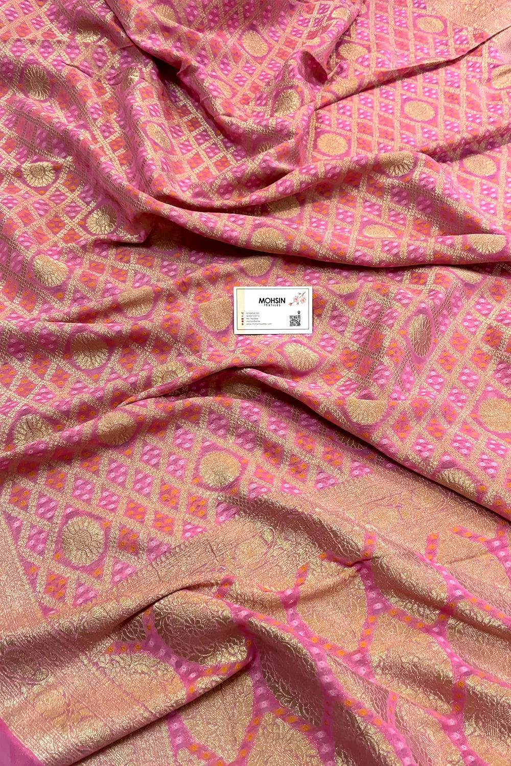 Baby Pink Bandhej Georgette Silk Banarasi Saree