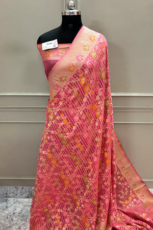 Baby Pink Bandhej Meena Georgette Silk Banarasi Saree