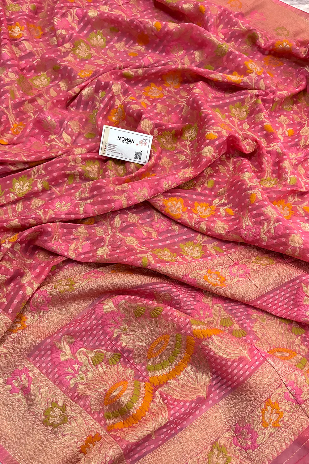 Baby Pink Bandhej Meena Georgette Silk Banarasi Saree