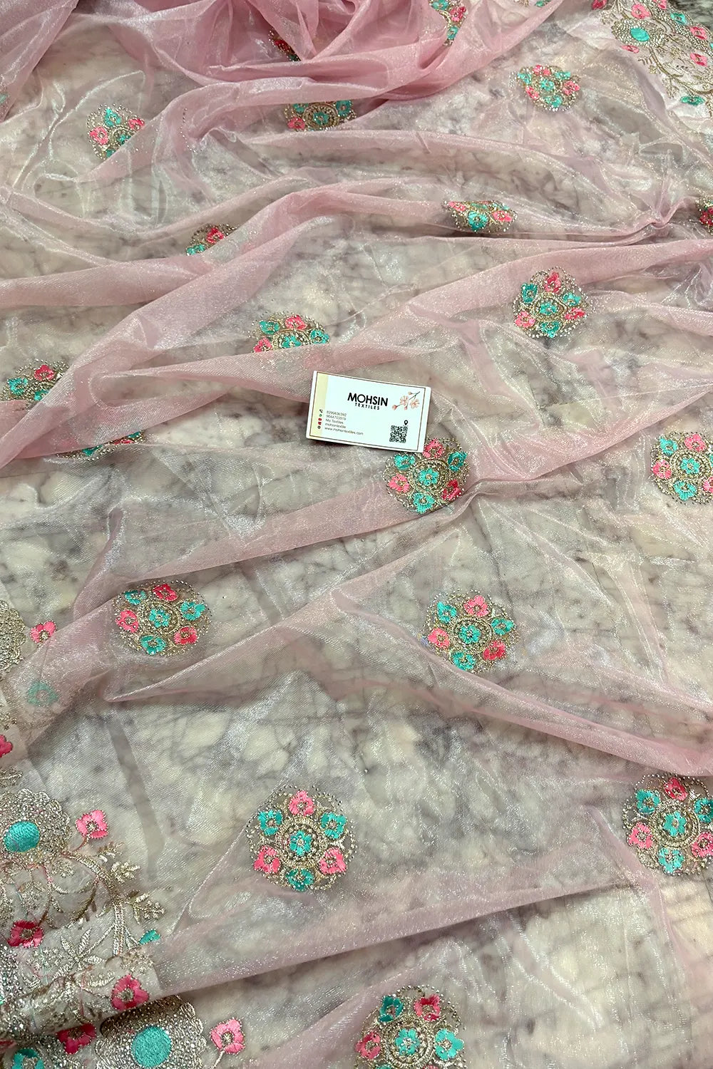 Baby Pink Embroidery Swarovski Brasso Net Saree