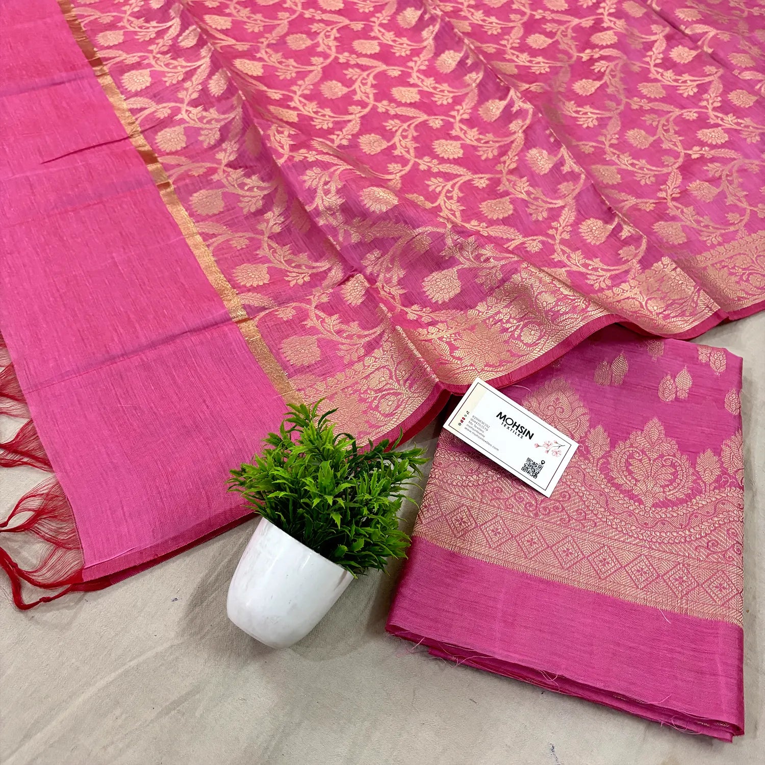 Baby Pink Golden Zari Banarasi Silk Suit