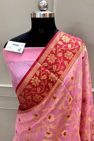 Baby Pink Zari Chanderi Silk Banarasi Saree