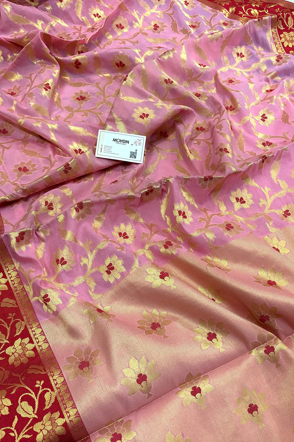 Baby Pink Zari Chanderi Silk Banarasi Saree