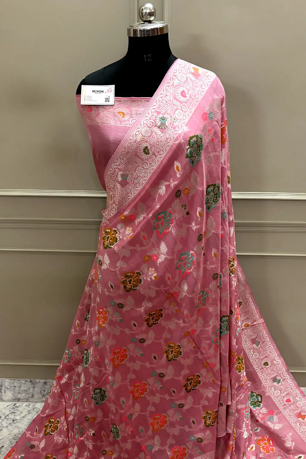 Baby Pink Zari Tussar Georgette Silk Banarasi Saree