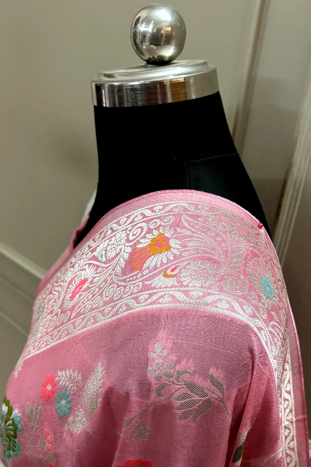 Baby Pink Zari Tussar Georgette Silk Banarasi Saree