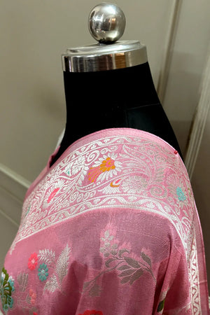 Baby Pink Zari Tussar Georgette Silk Banarasi Saree