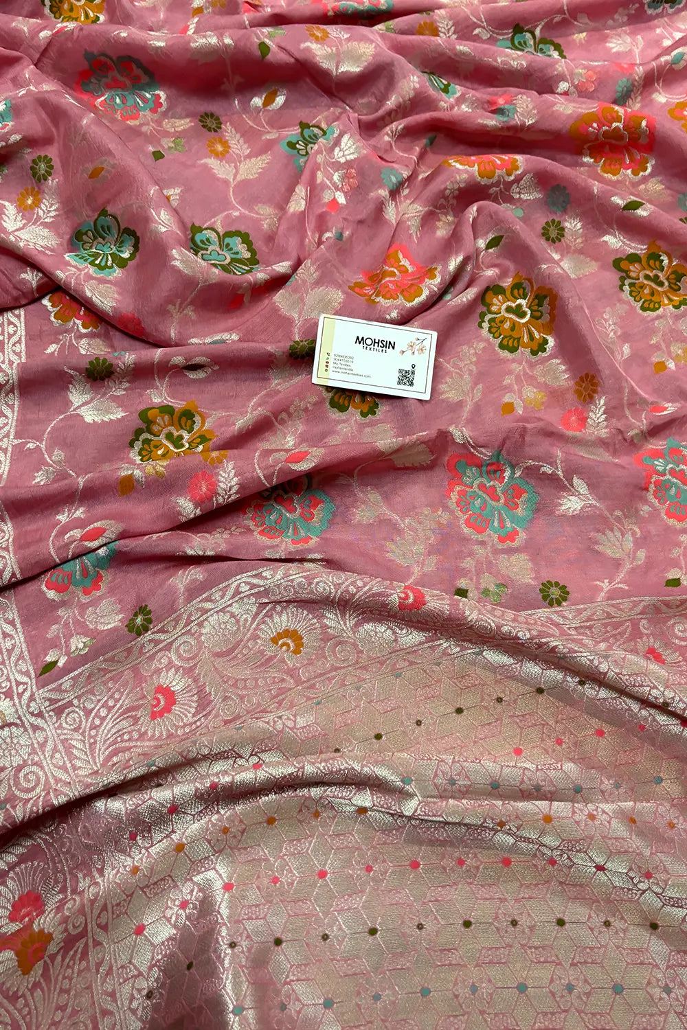 Baby Pink Zari Tussar Georgette Silk Banarasi Saree