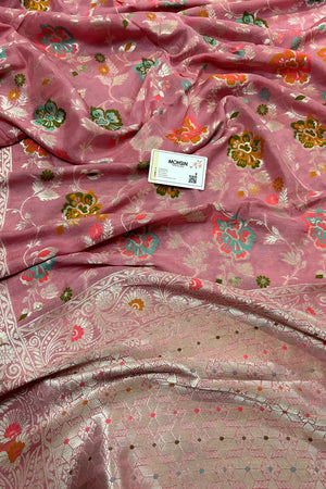 Baby Pink Zari Tussar Georgette Silk Banarasi Saree