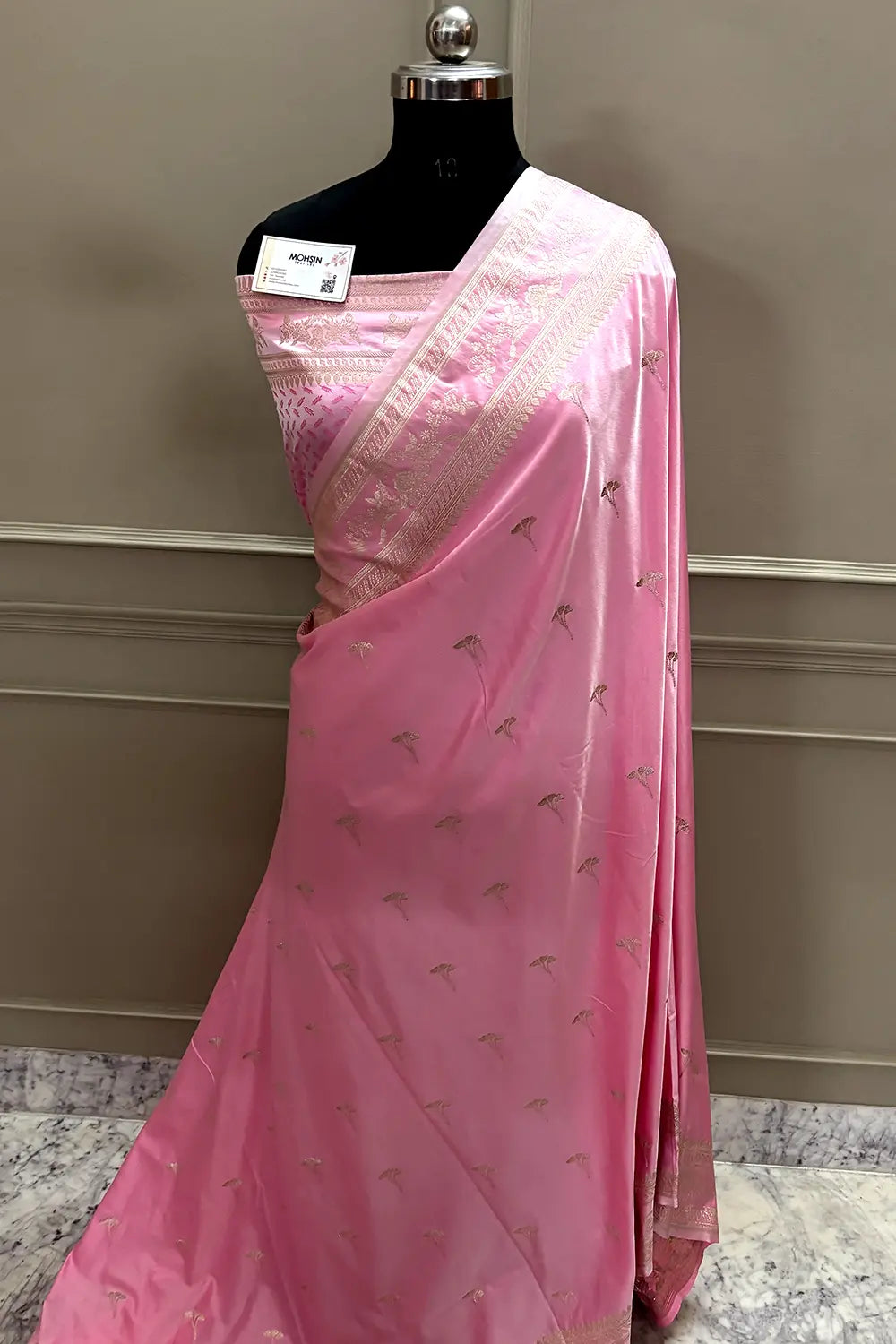 Baby Pink Zari Katan Mashru Silk Banarasi Saree