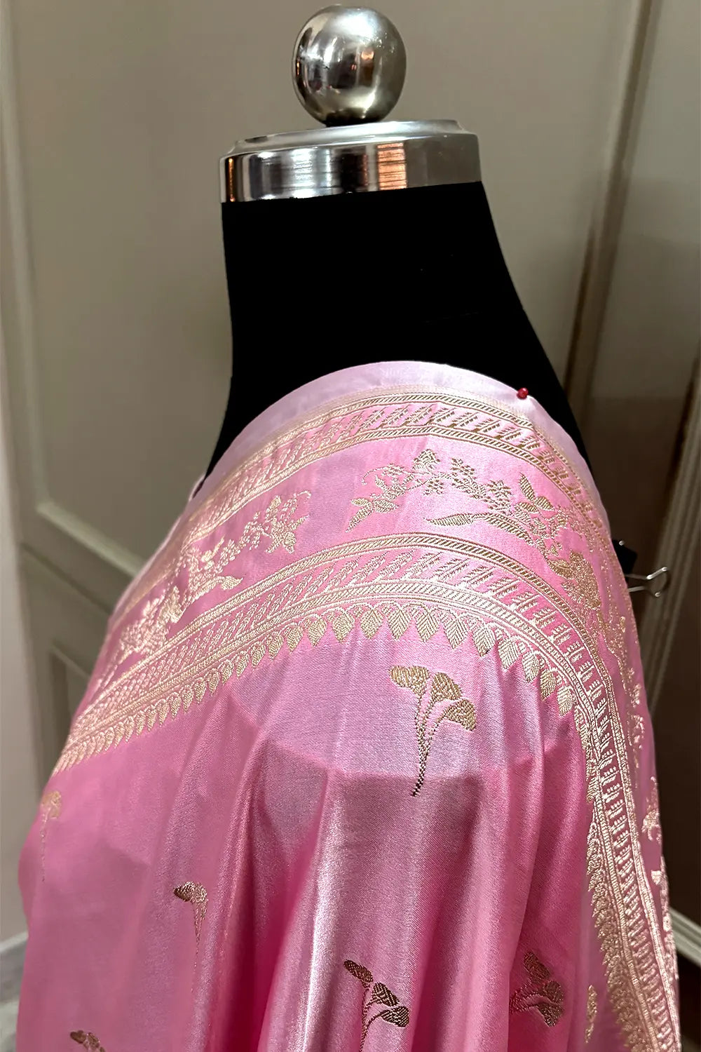 Baby Pink Zari Katan Mashru Silk Banarasi Saree